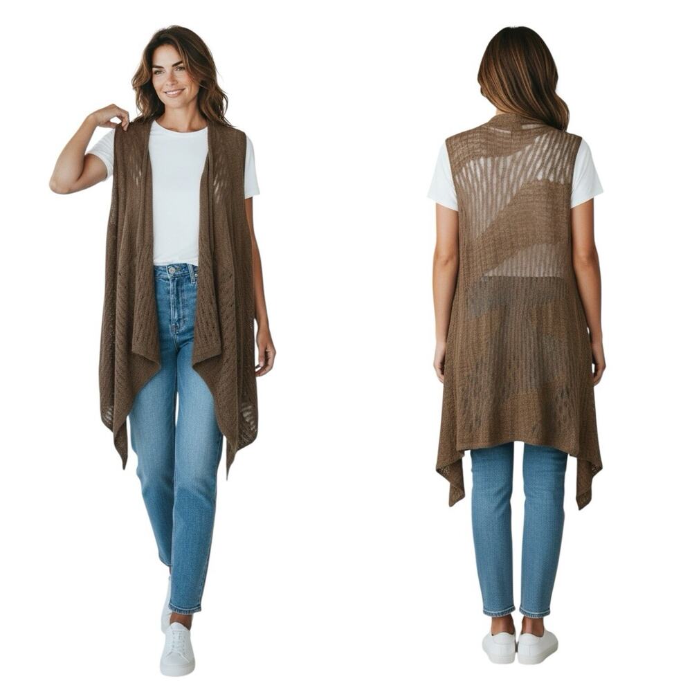 Eileen Fisher Alpaca Crochet Vest Size XL Brown Open Shrug Fairy Ethereal Boho